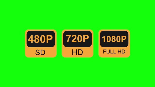 Video Resolution Badges Showing 480p SD 720p HD and 1080p Full HD on Green Screen