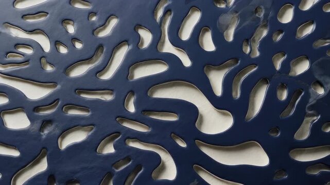 A dark blue, organic, perforated pattern with light beige highlights