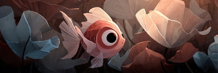 Whimsical Goldfish in Aquatic Scene with Lily Pads and Soft Lighting