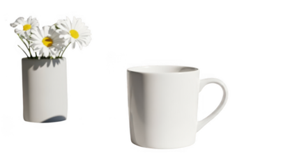 White ceramic mug and vase with daisies isolated on transparent background