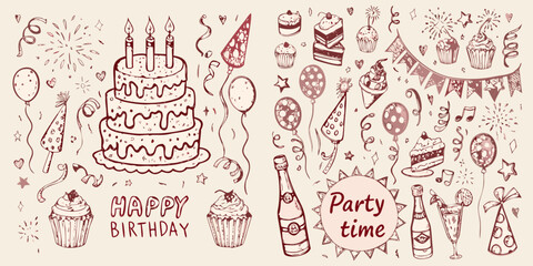 A whimsical sketch of birthday decorations including cakes balloons and festive elements © MSTShikha