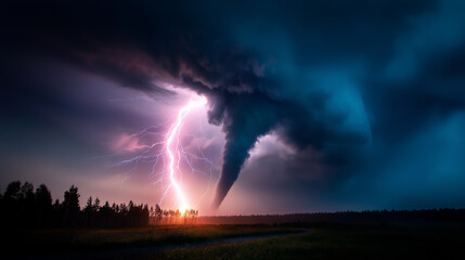 Dramatic and powerful tornado with lightning thunderstorm flash over night sky weather topic cataclysms hurricane typhoon storm stormy landscape severe atmospheric event with