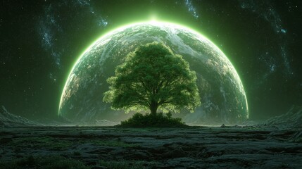 Tree on distant planet with glowing green atmosphere and starry night sky