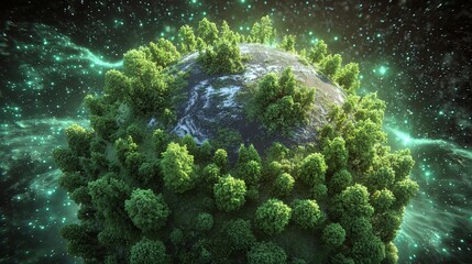 Vibrant green forest covers Earth with sparkling lights in space