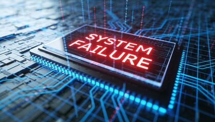 Glowing Red System Failure Sign on Glass Panel. 3D Illustration of Cyber Security Breach, Malware Virus Attack and Critical Server Crash. Futuristic Digital Error Technology Concept Background