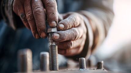 Worker tightening bolt with dirty hands