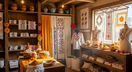 Vibrant Ukrainian Artisan Shop: Handcrafted Embroidered Textiles, Pottery, and Spices Display