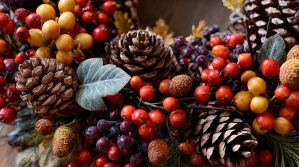Vibrant autumn wreath with pinecones and colorful berries on rustic wood