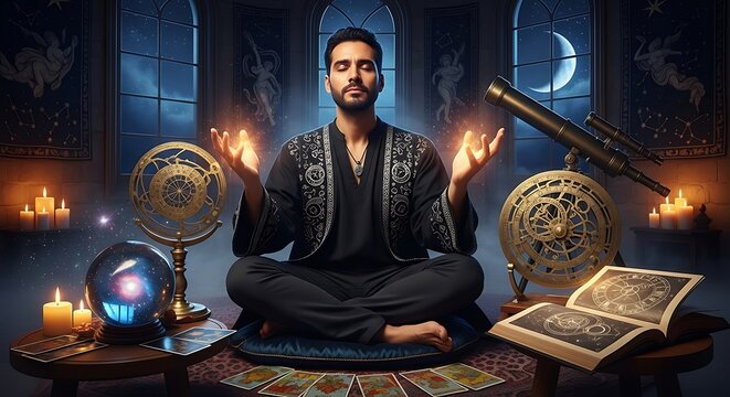 Man practicing esoteric divination surrounded by celestial instruments and glowing energy