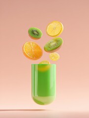 Vibrant Fruit Slices Hover Above Green Glass: Freshness and Visual Harmony