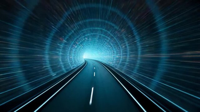 A video shows a futuristic tunnel with a bright blue light at the end and a dark road stretching out into the distance