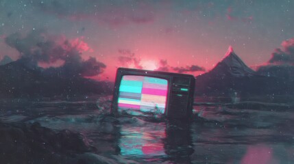 Vintage Television in the Sea at Sunset, Vaporwave Aesthetic Landscape