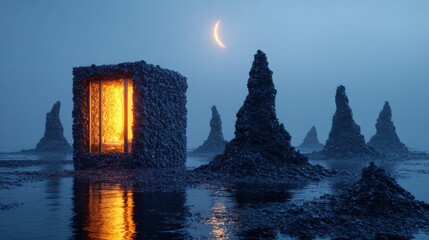 Mystical Cube Landscape at Night: An Enigmatic and Dreamlike Scene