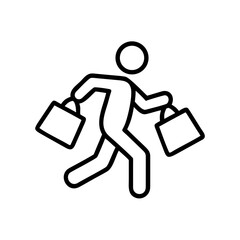 Minimalist line icon of a running stick figure carrying shopping bags in both hands, representing retail activity, consumer shopping, or hurry during sales.
