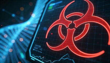 Glowing Red Biohazard Sign on Futuristic Blue HUD Interface. 3D Illustration of Biological Danger, Virus Contamination, Toxic Infection and Cyber Security Threat Concept Background