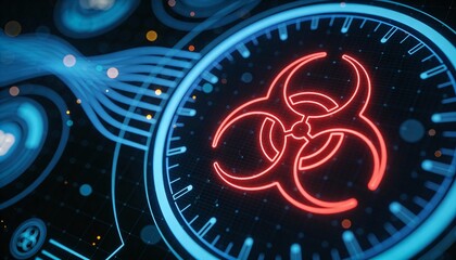 Glowing Red Biohazard Sign on Futuristic Blue HUD Interface. 3D Illustration of Biological Danger, Virus Contamination, Toxic Infection and Cyber Security Threat Concept Background