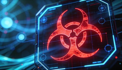 Glowing Red Biohazard Sign on Futuristic Blue HUD Interface. 3D Illustration of Biological Danger, Virus Contamination, Toxic Infection and Cyber Security Threat Concept Background