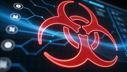 Glowing Red Biohazard Sign on Futuristic Blue HUD Interface. 3D Illustration of Biological Danger, Virus Contamination, Toxic Infection and Cyber Security Threat Concept Background