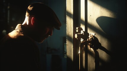 Man in silhouette adjusting ear protection in industrial setting