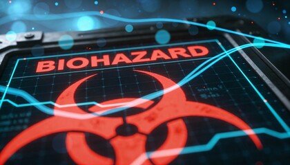 Glowing Red Biohazard Sign on Futuristic Blue HUD Interface. 3D Illustration of Biological Danger, Virus Contamination, Toxic Infection and Cyber Security Threat Concept Background