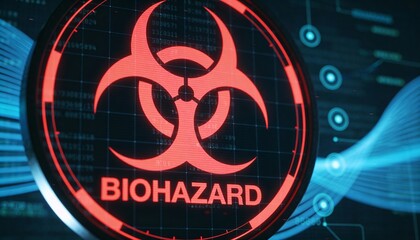 Glowing Red Biohazard Sign on Futuristic Blue HUD Interface. 3D Illustration of Biological Danger, Virus Contamination, Toxic Infection and Cyber Security Threat Concept Background