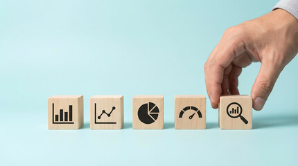 data analytics and performance metrics concept with wooden cubes showing chart icons hand placing analysis symbol on pastel cyan background with copy space
