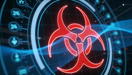 Glowing Red Biohazard Sign on Futuristic Blue HUD Interface. 3D Illustration of Biological Danger, Virus Contamination, Toxic Infection and Cyber Security Threat Concept Background