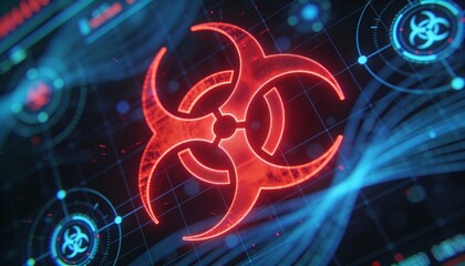 Glowing Red Biohazard Sign on Futuristic Blue HUD Interface. 3D Illustration of Biological Danger, Virus Contamination, Toxic Infection and Cyber Security Threat Concept Background