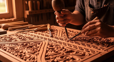 Skilled Artisan's Hands Crafting Intricate Wood Carving with Chisel and Mallet