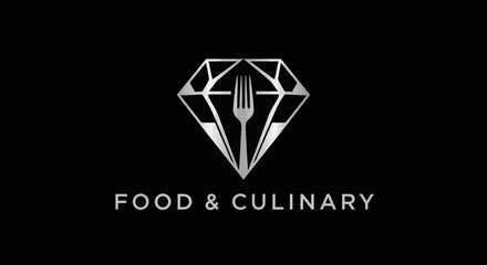 Elegant Food And Culinary Logo With Diamond Shape And Silver Fork On Black Background
