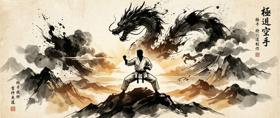 Traditional Japanese ink wash painting of karate master with dragon spirit. Abstract martial arts sumi e illustration with black paint splashes