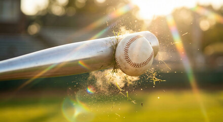 Close up of silver baseball bat hitting ball with sun flares and grass splashes. Dynamic sports action at stadium during sunset