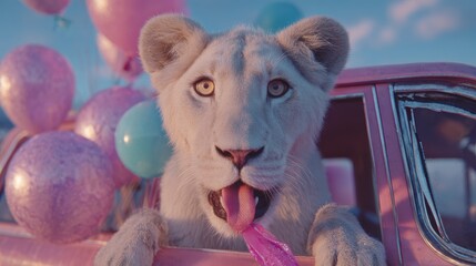 Lion cub enjoy party in pink car with many pink balloons on a bright day
