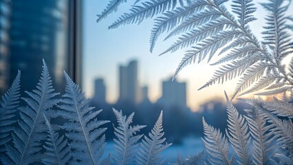 Frosted ferns in front of blurred city skyline at sunrise