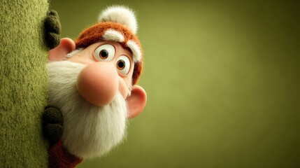 Cartoonish Gnome Peek From Green Furry Tree, Playful Holiday Whimsy Art