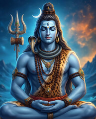Obraz premium Lord shiva meditating in mountain landscape with crescent moon and snake for maha shivaratri spiritual background and holy mahadev illustration for yoga and prayer and peace