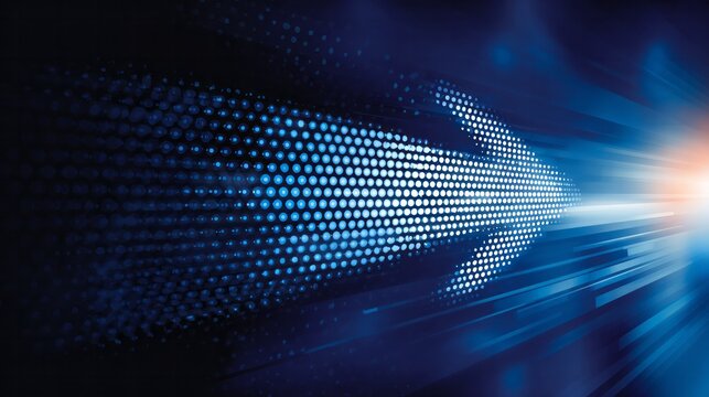 Glowing digital arrow moves forward with speed and light.