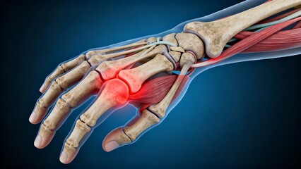 Human Hand Joint Pain Inflammation with Bones Muscles and Tendons 3D Medical Illustration