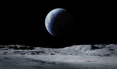 A view of planet Earth from the cratered surface of the moon. Conceptual astronomical scene illustrating space exploration, science. Elements of this image furnished by NASA. © Tryfonov