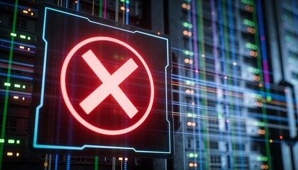 Glowing Red Cross X Mark on Laptop Screen in Server Room. Cyber Security Access Denied, System Failure and Error Concept. Futuristic Data Center Network Background 3D Illustration
