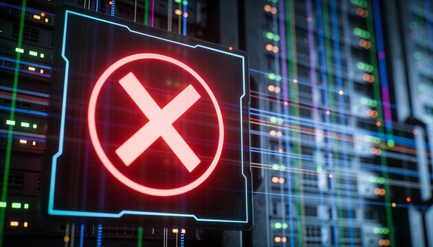Glowing Red Cross X Mark on Laptop Screen in Server Room. Cyber Security Access Denied, System Failure and Error Concept. Futuristic Data Center Network Background 3D Illustration - Powered by Adobe