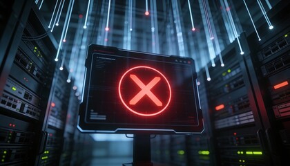 Glowing Red Cross X Mark on Laptop Screen in Server Room. Cyber Security Access Denied, System Failure and Error Concept. Futuristic Data Center Network Background 3D Illustration