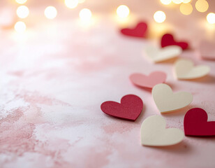 Fototapeta premium Close up of paper hearts on textured pink board with copy space and blurry lights - valentine's day, birthday, mother's day backdrop 