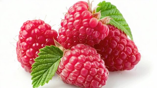 A still life  of three raspberries with green leaves on a white surface