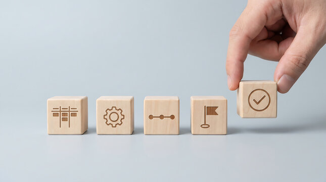 Hand placing checkmark cube on wooden blocks with schedule process timeline and milestone icons on light gray background project management workflow with copy space