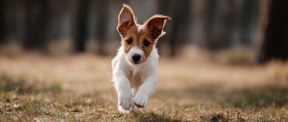 Energetic puppy running through a field on a sunny day