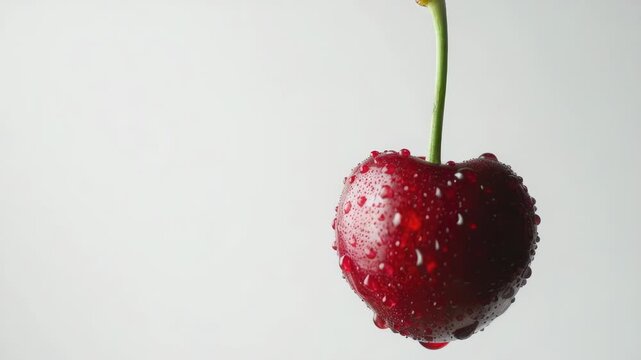 A single red cherry with water droplets glistening on its surface