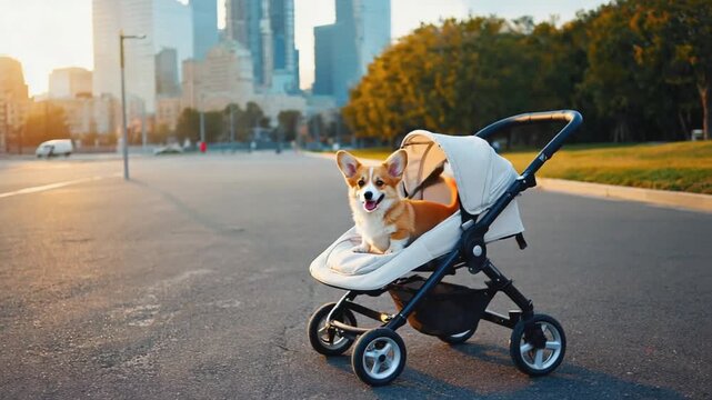 Dog in a baby stroller.