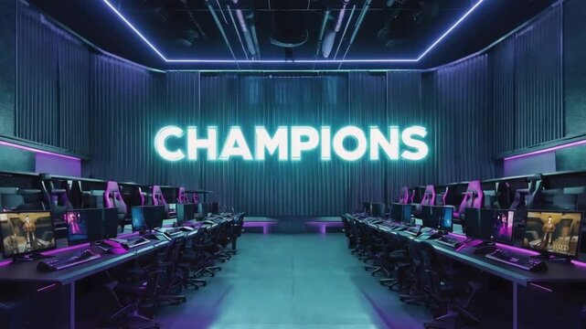 Neon sign of "Champions" in an esports stadium.