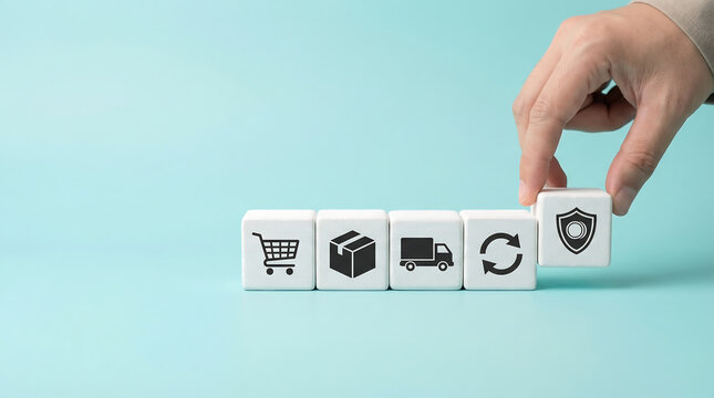 Hand placing shield cube on white blocks with shopping cart package truck and returns icons on turquoise background ecommerce logistics and secure delivery with copy space